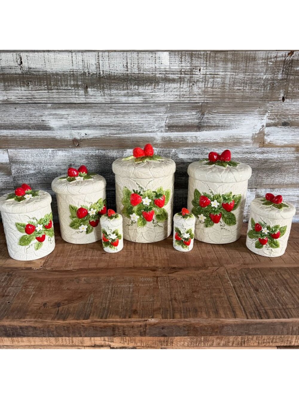 Vintage 1981 Sears Roebuck Ceramic Strawberry Canister Shaker Set 7PC Cottagecor